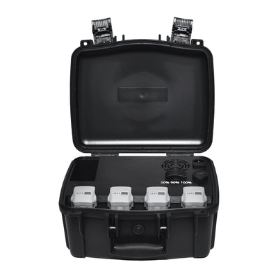 Matrice 4 PRCS charging case opened with four batteries connected