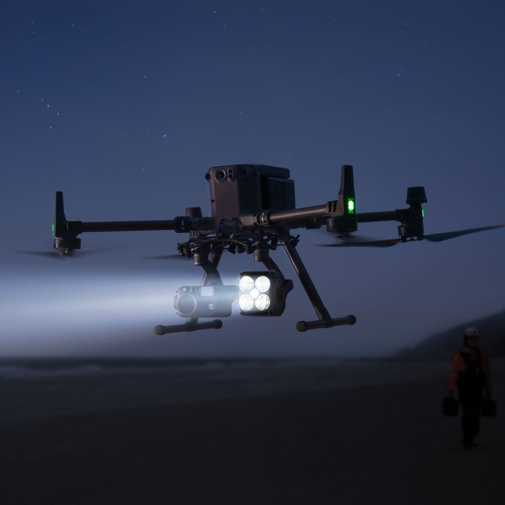 DJI Zenmuse S1 Spotlight mounted under a Matrice drone during a nighttime operation