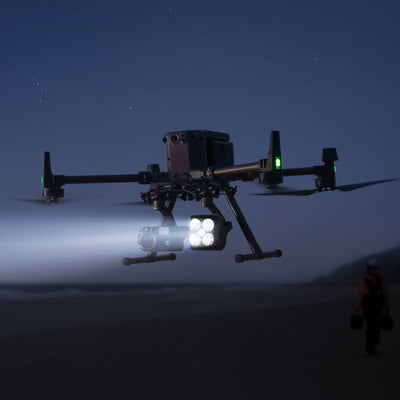 DJI Zenmuse S1 Spotlight mounted under a Matrice drone during a nighttime operation