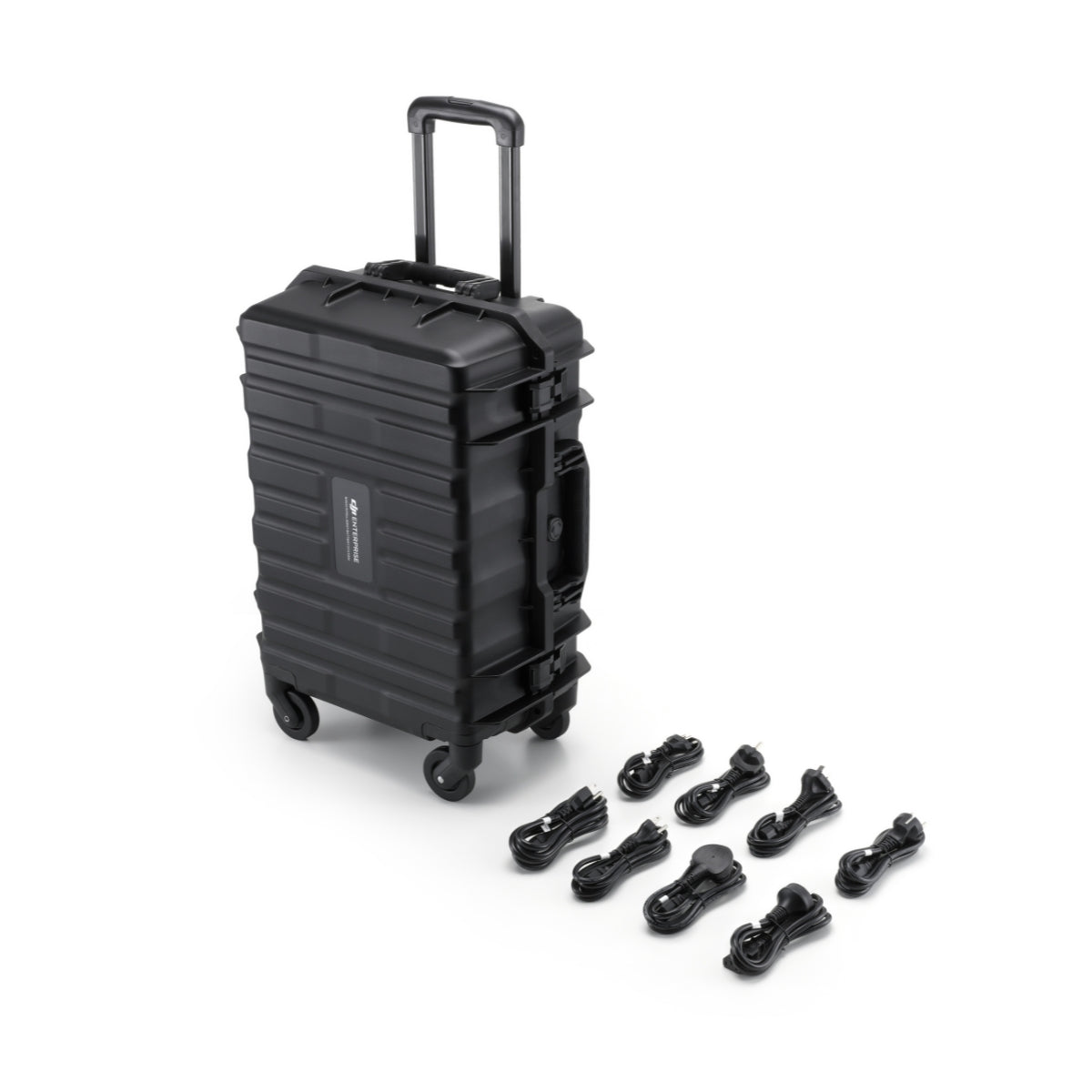 DJI BS100 battery station opened to show charging compartments and eight power cables