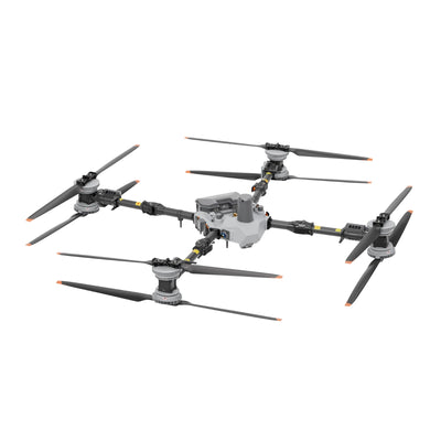 DJI FlyCart 100 cargo drone, front-right three-quarter view with arms and landing gear extended