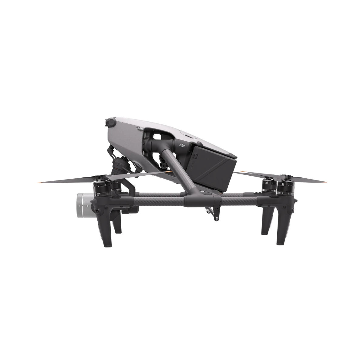 DJI Inspire 3 cinema drone, side view in lowered transport configuration
