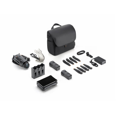 DJI Mavic 4 Pro Creator Combo contents with drone, shoulder bag, controllers, batteries, and accessories