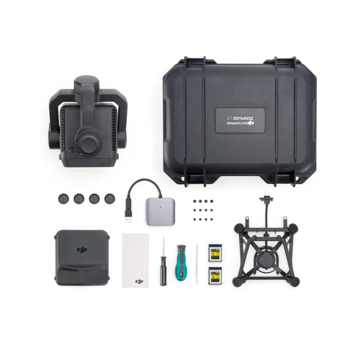 DJI Zenmuse L3 package contents arranged with protective case, mounting frame, cables, and tools