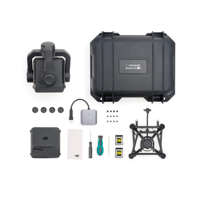 DJI Zenmuse L3 package contents arranged with protective case, mounting frame, cables, and tools