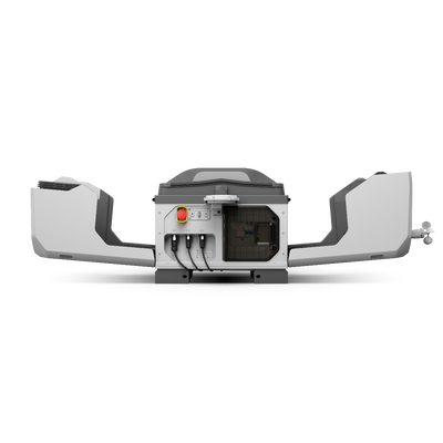 DJI Dock 3 with side covers open, rear connection panel view