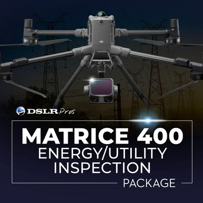 Promotional graphic for a DSLR Pros drone maintenance package, featuring a Matrice 400 quadcopter drone against a dark background with power lines, and large text reading 'MATRICE 400 ENERGY/UTILITY INSPECTION PACKAGE'.