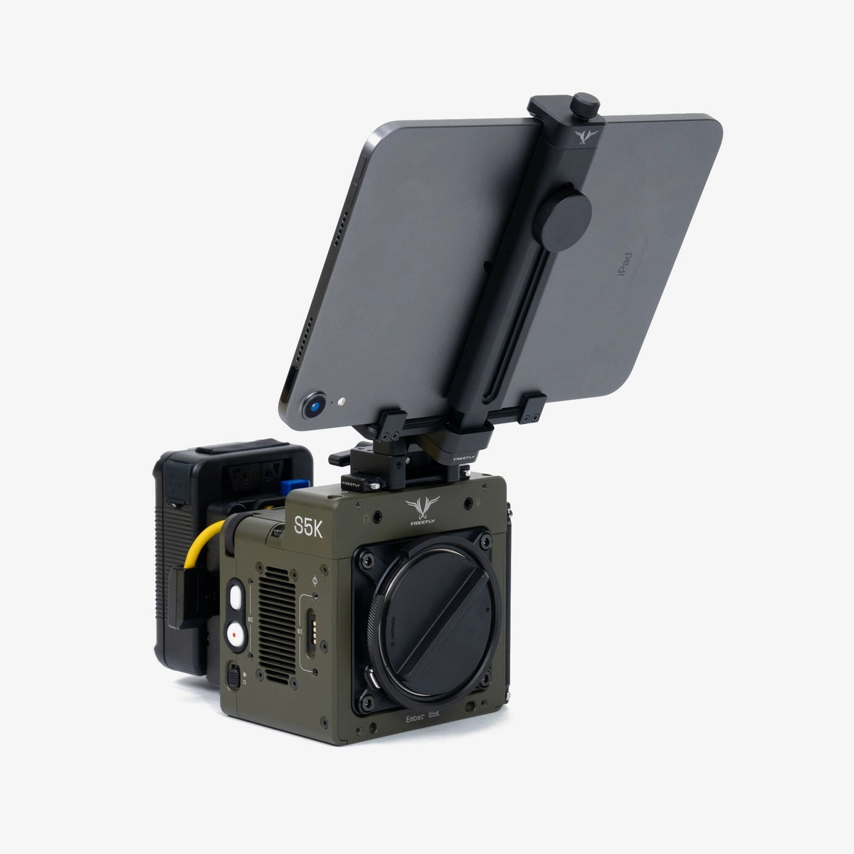 Freefly Tablet Clamp Mount and iPad installed on an Ember S5K camera
