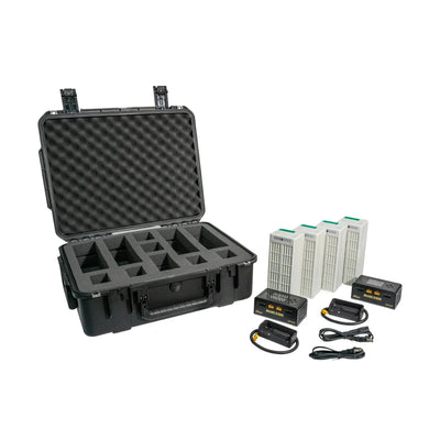 Inspired Flight IF800 battery kit with open case, four batteries, chargers, and cables