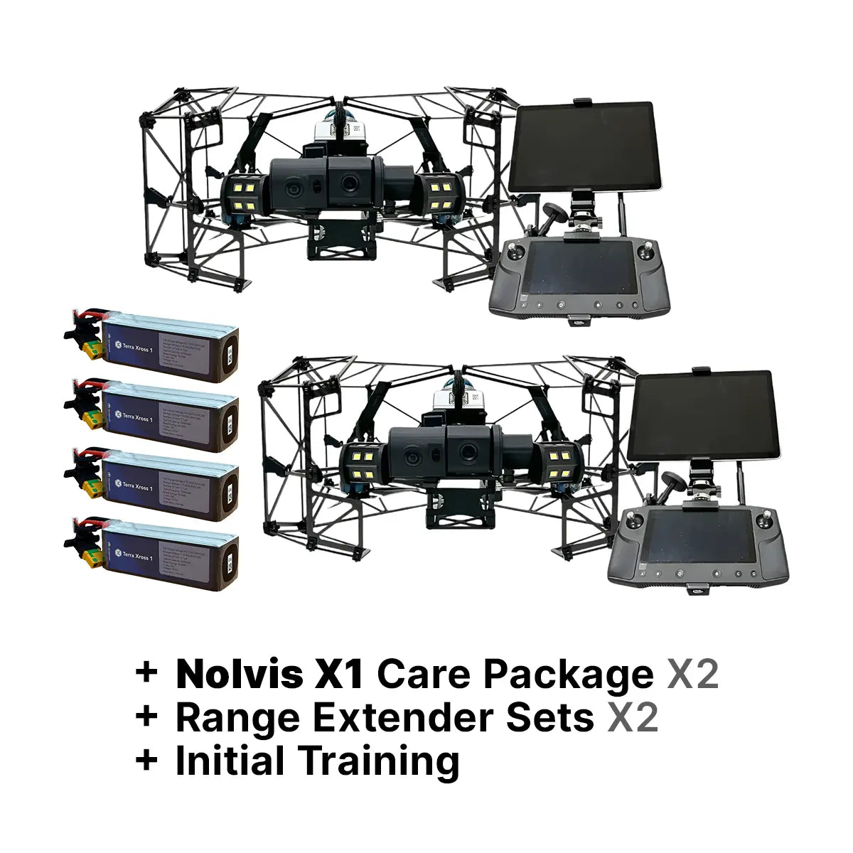 Nolvis X1 Dual Drone Package with Training, Range Extenders, Extra Batteries, and Care Coverage, package contents