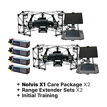 Nolvis X1 Dual Drone Package with Training, Range Extenders, Extra Batteries, and Care Coverage, package contents