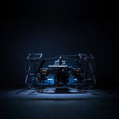 Nolvis X1 indoor inspection drone, front view with protective cage and LED lights