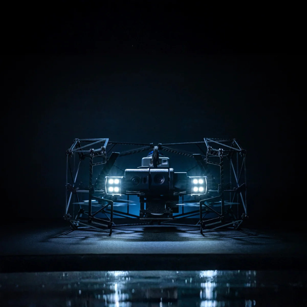 Nolvis X1 indoor inspection drone, front view with LED lights illuminated