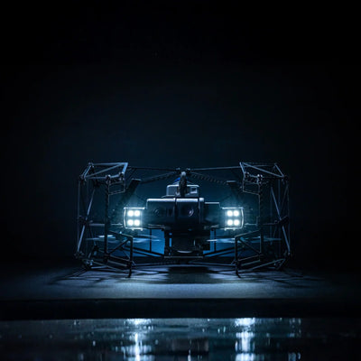 Nolvis X1 indoor inspection drone, front view with LED lights illuminated