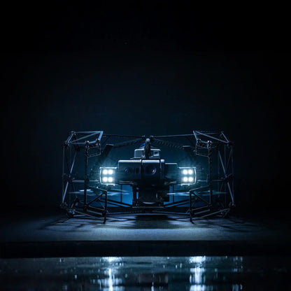 Nolvis X1 indoor inspection drone, front view with LED lights illuminated