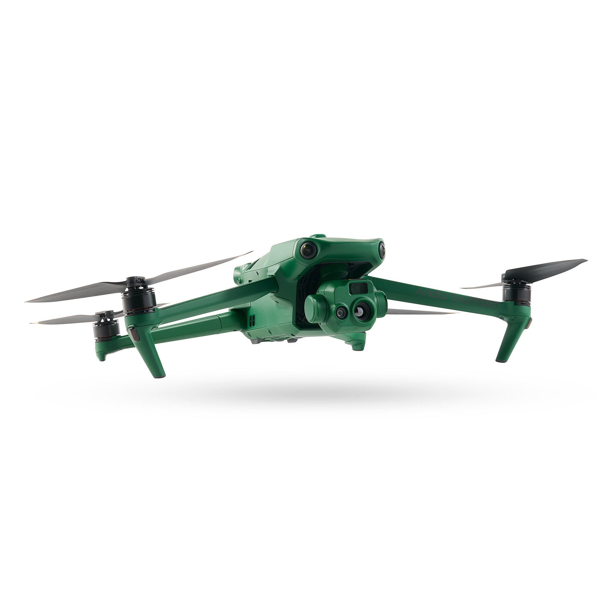Side view of green agricultural drone in flight position.