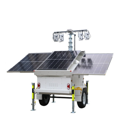 Solar-powered light tower, rear view with mast lights and solar panels deployed