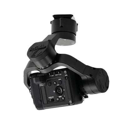 Sony ILX-LR1 camera with Sigma 24 mm lens mounted in the Astro Max gimbal, rear three-quarter view
