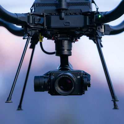 Sony ILX-LR1 camera with Sigma 24 mm lens mounted beneath the Astro Max, straight-on front view