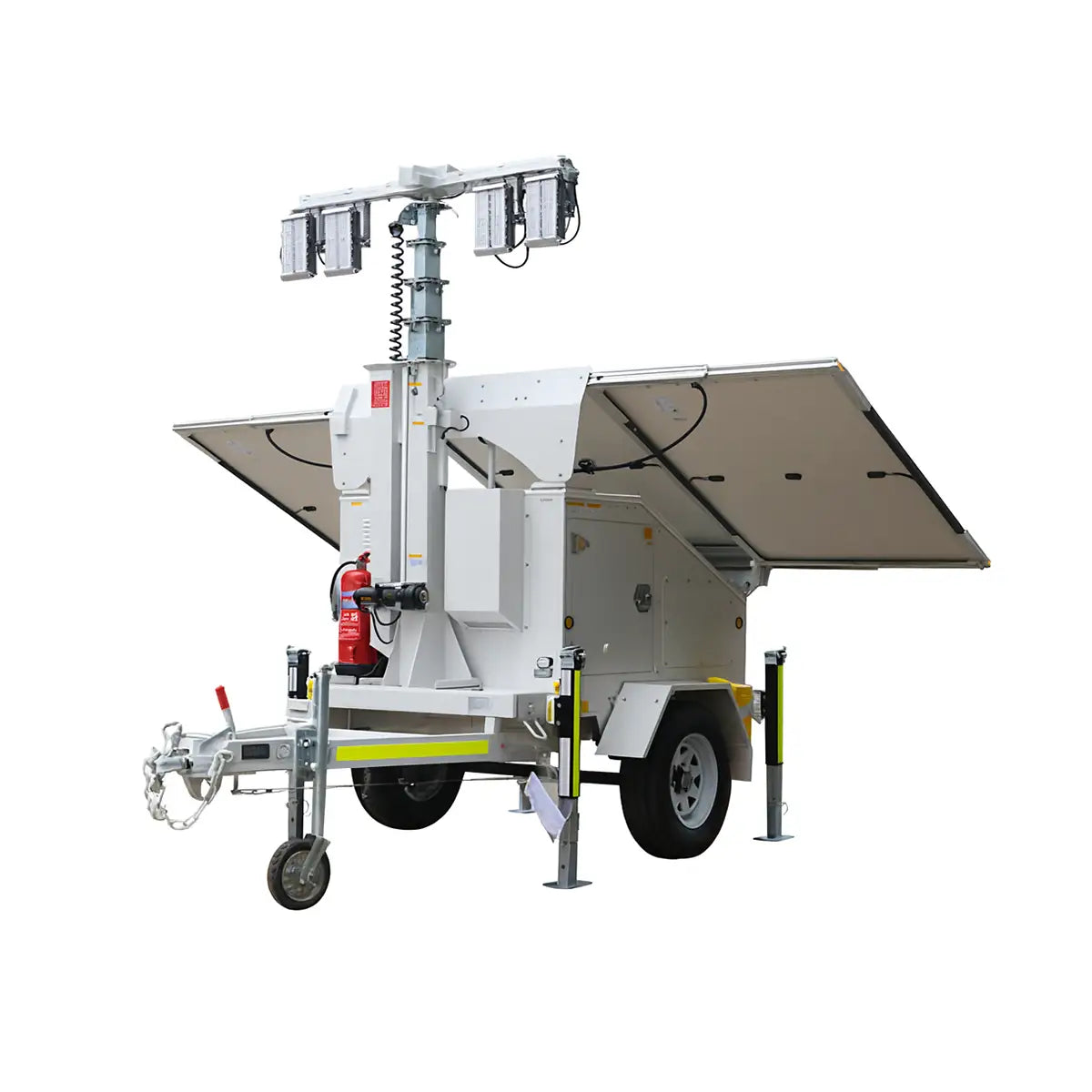Solar-powered light tower, side three-quarter view with mast lights and solar panel deployed