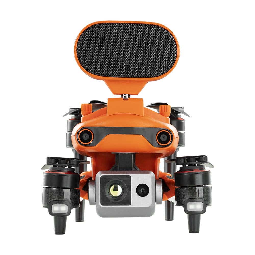 Orange drone with extended propellers, attached camera, and accessories