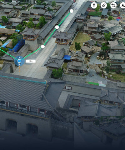 DJI Terra 3D map with a flight path and measurement overlays