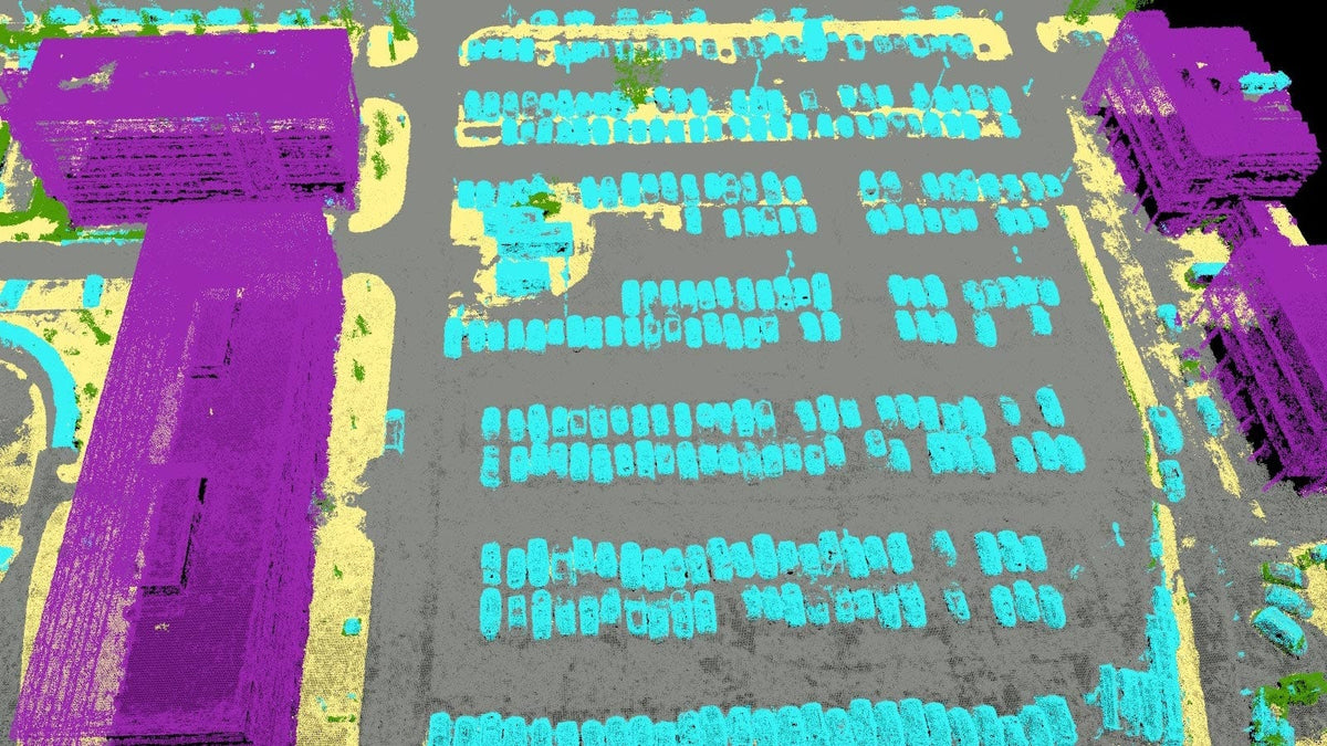 PIX4Dmapper colorized 3D point cloud of a parking lot and surrounding buildings