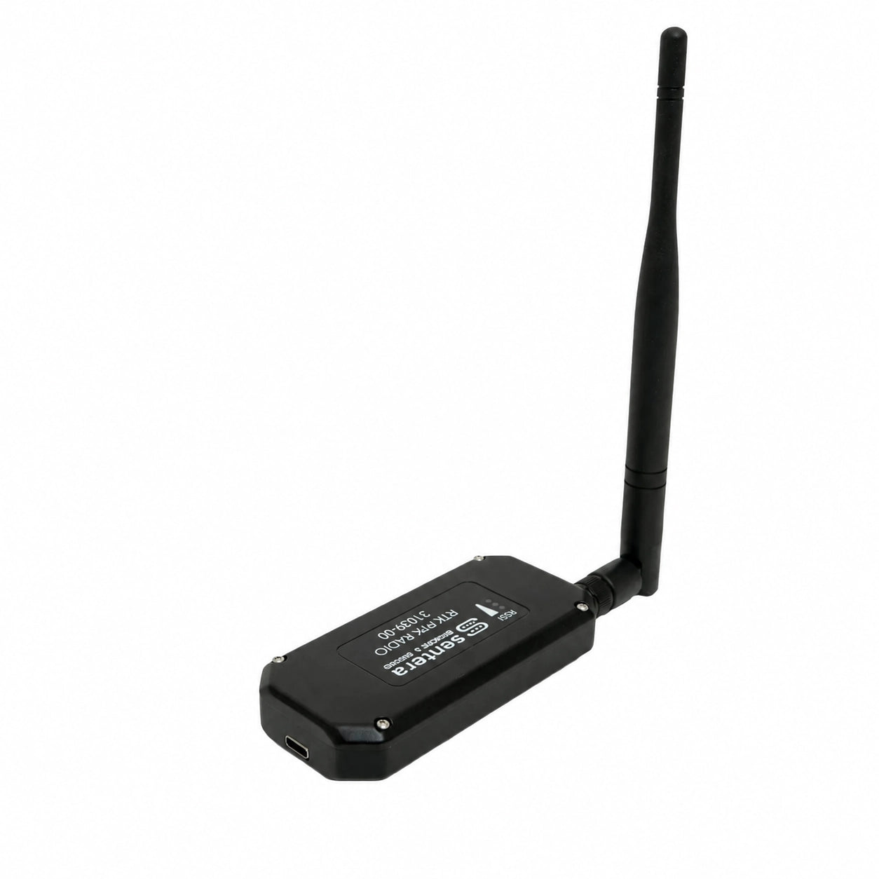 Sentera RTK radio module with attached antenna, angled front view
