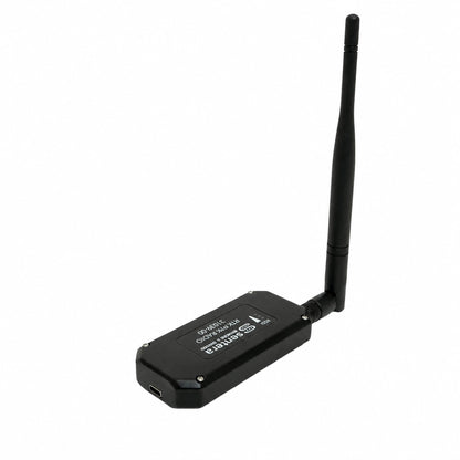 Sentera RTK radio module with attached antenna, angled front view