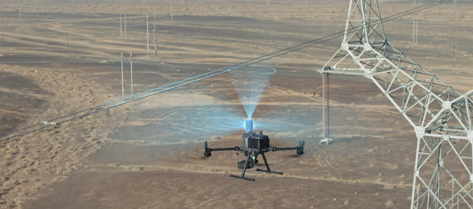 DJI Matrice 350 RTK drone hovering near powerlines